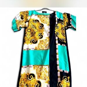 Luxury 100% Silk Baroque Print Dress Teal Black Gold Size 6